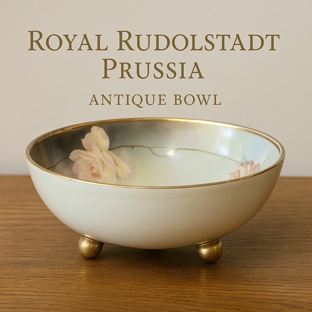 Royal Rudolstadt Prussia Gold Trim Footed Porcelain Bowl Roses‎ Antique 8.5”